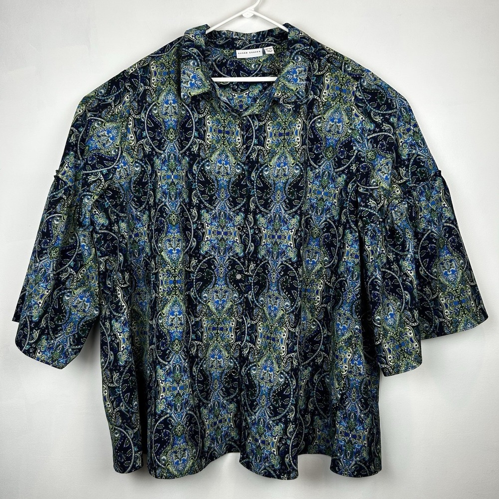 Susan Graver Shirt Womens 3X Plus Blue Button Paisley Tunic Vacation Office Read